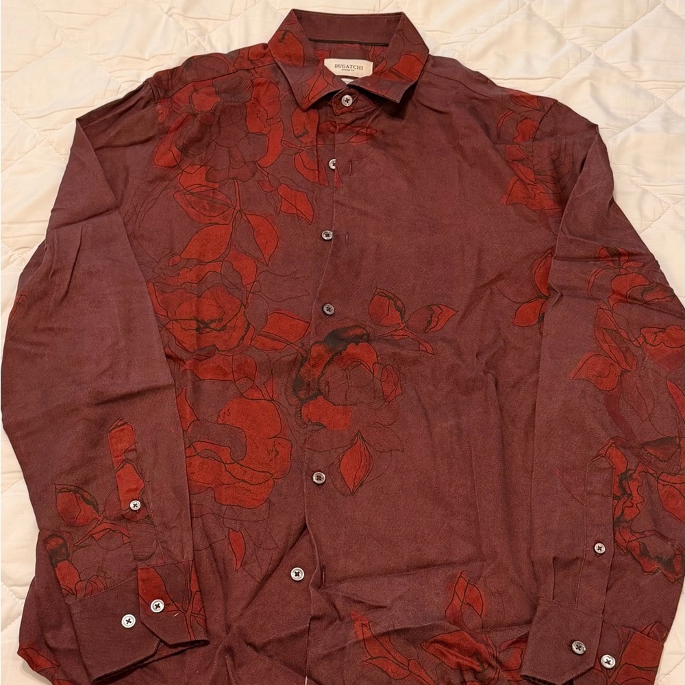Bugatchi Burgundy and Black Floral Button Down Shirt